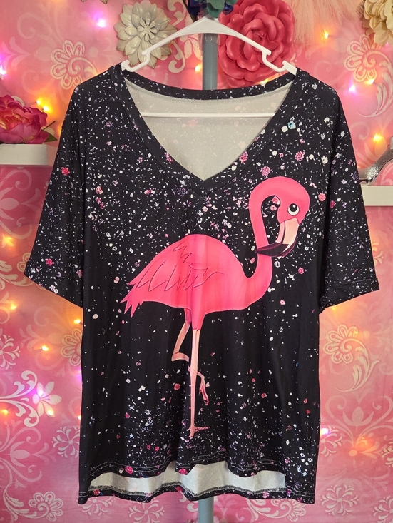 Source Unknown Tops - Source Unknown Black Top with Pink Flamingo Graphic